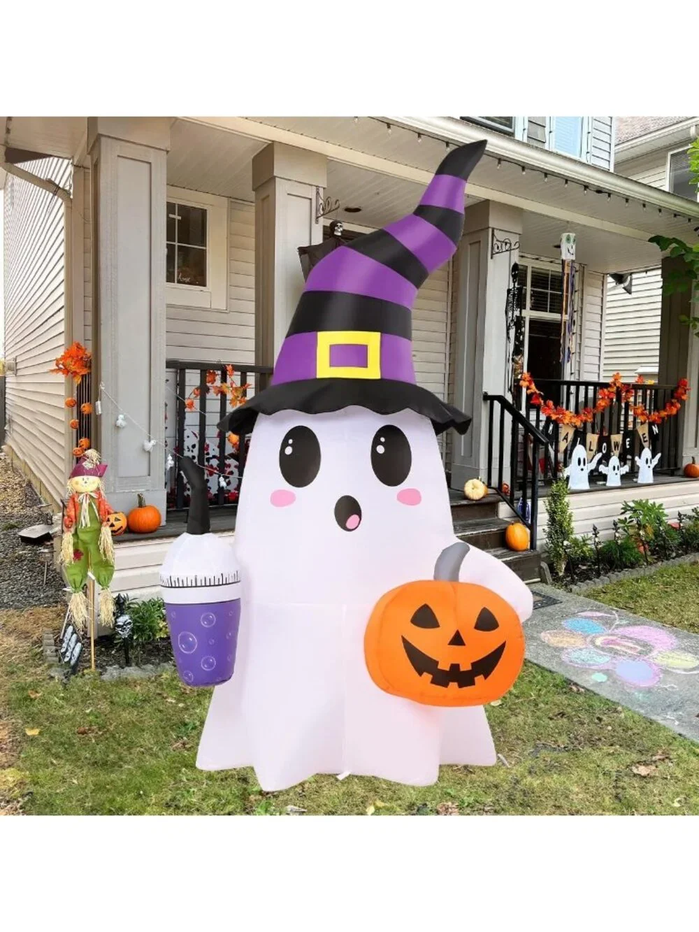Cute Halloween Inflatable Ghosts with Magic Drinks & Pumpkin - LED Yard Decor